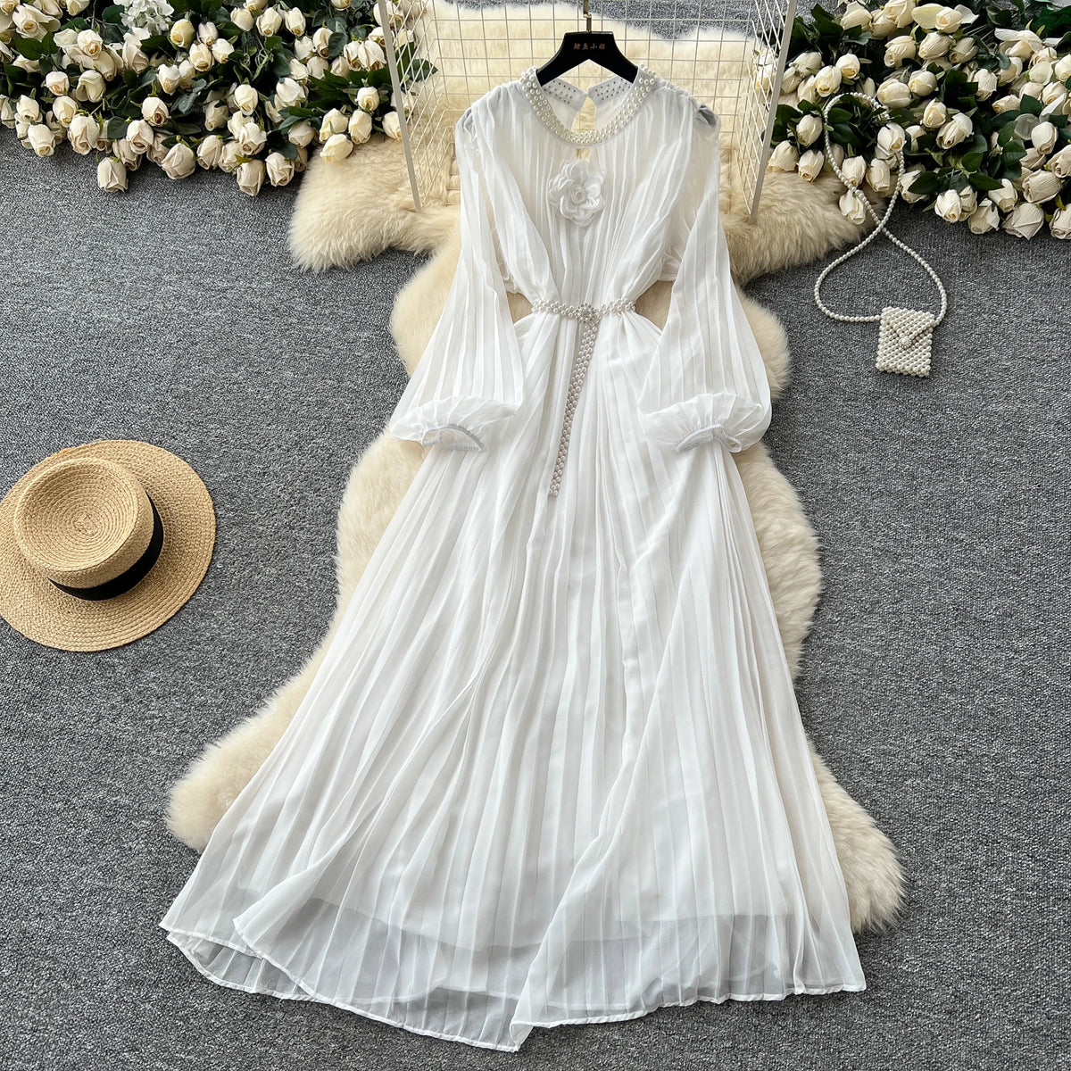 Beaded Cutout Chiffon A-Line Midi Dress