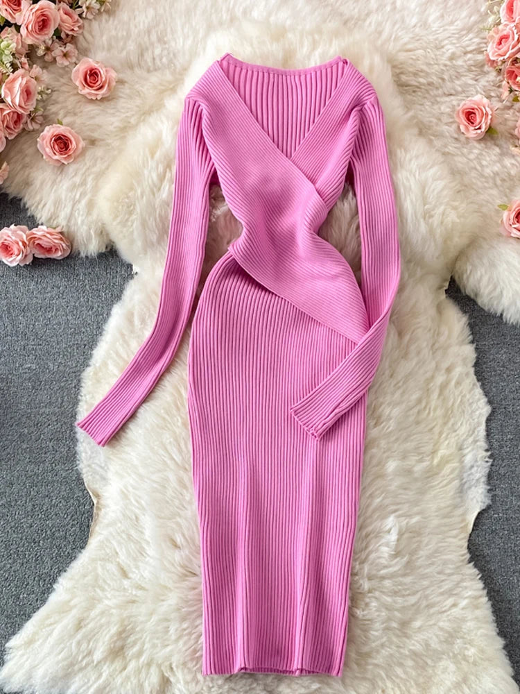 Cross V-Neck Knit Bodycon Dress
