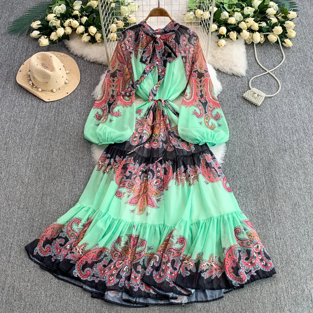 Butterfly Print Lace-Up A-Line Dress