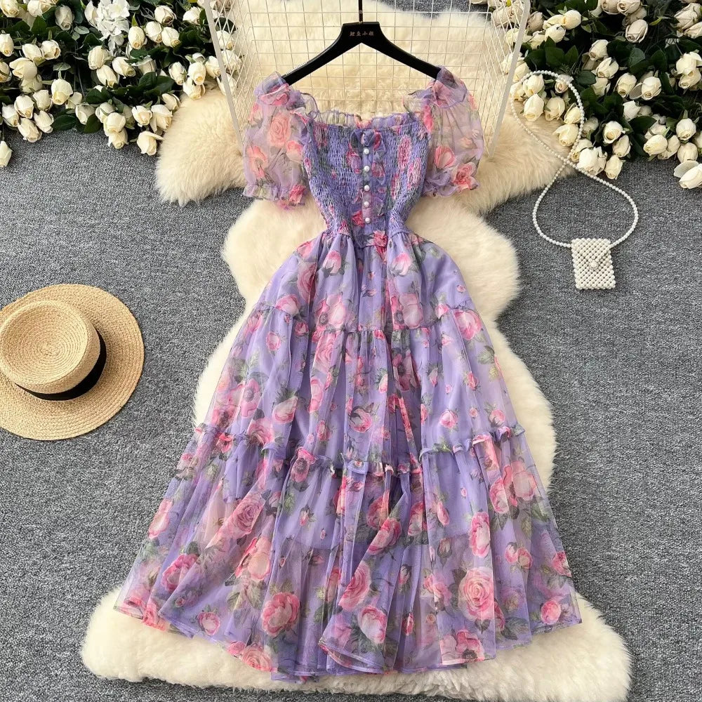 Print Chiffon Puff Sleeve Slash Neck Dress