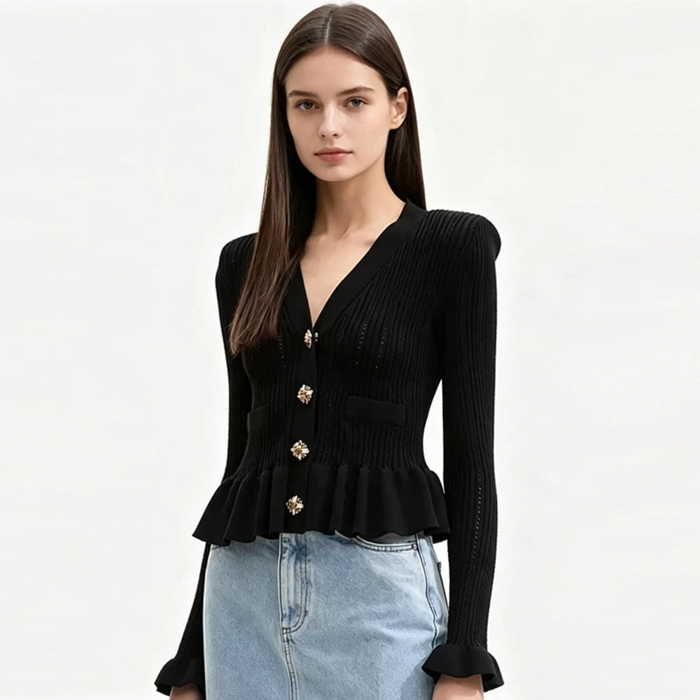 Rhinestone Ruffled Knit Cardigan