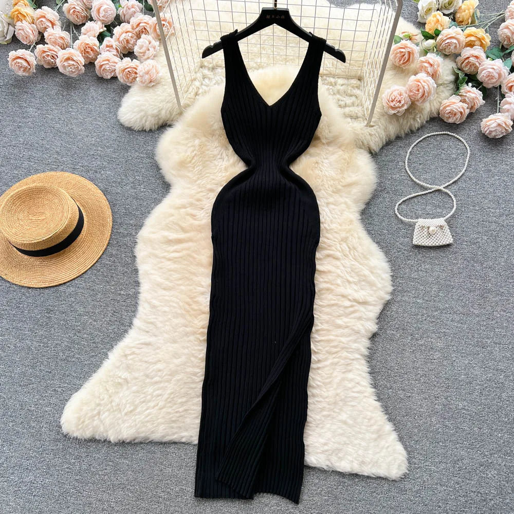 Ribbed V-Neck Knit Bodycon Dress