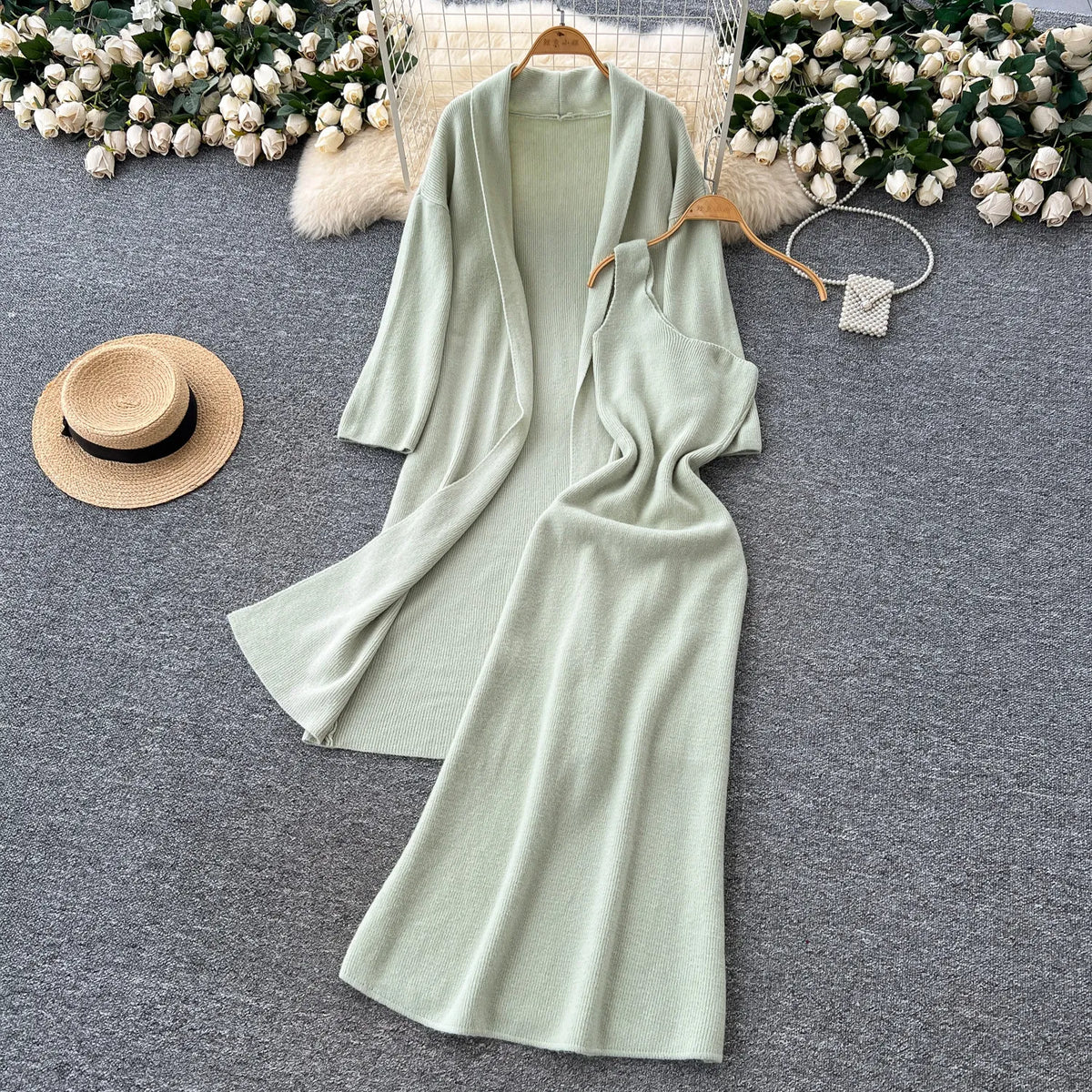 Knit One-Shoulder Cami Dress and Cardigan Set