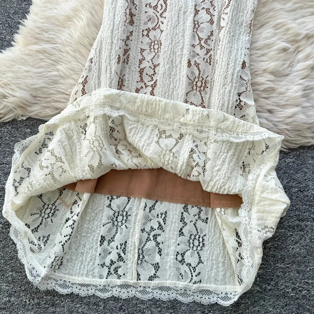 Lace Ruffle Collared Flare Sleeve Maxi Dress