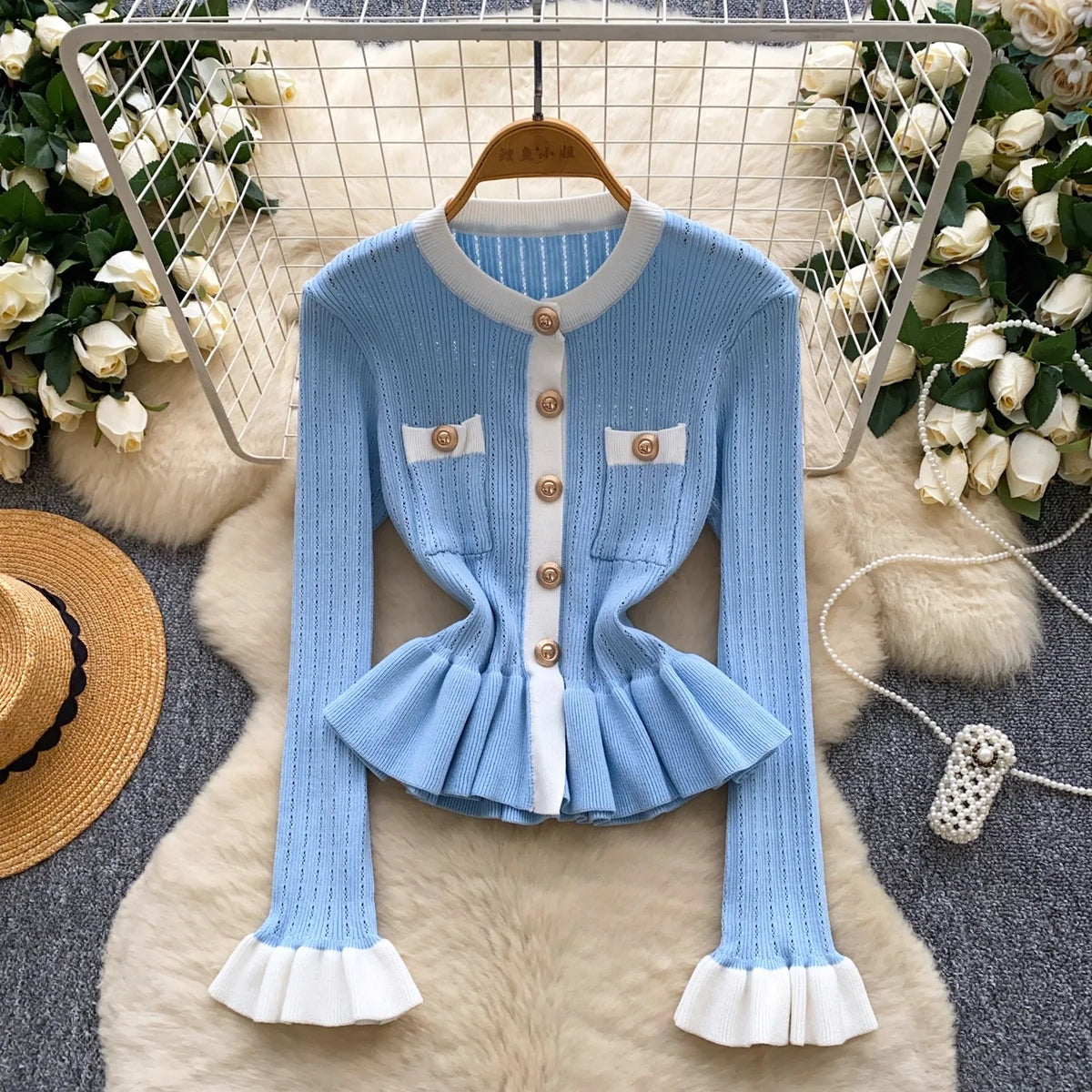 Ruffled Metal Button Knit Sweater