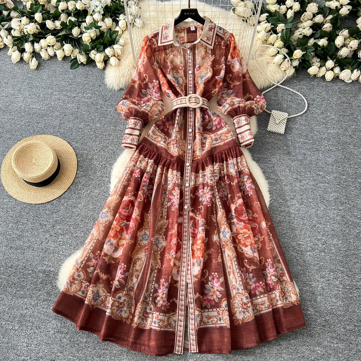 Print Lantern Sleeve Collared Maxi Shirt Dress