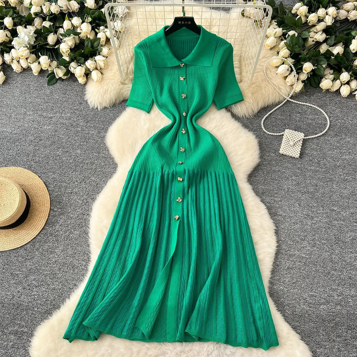 Collared Patchwork Knit Maxi Sweater Dress