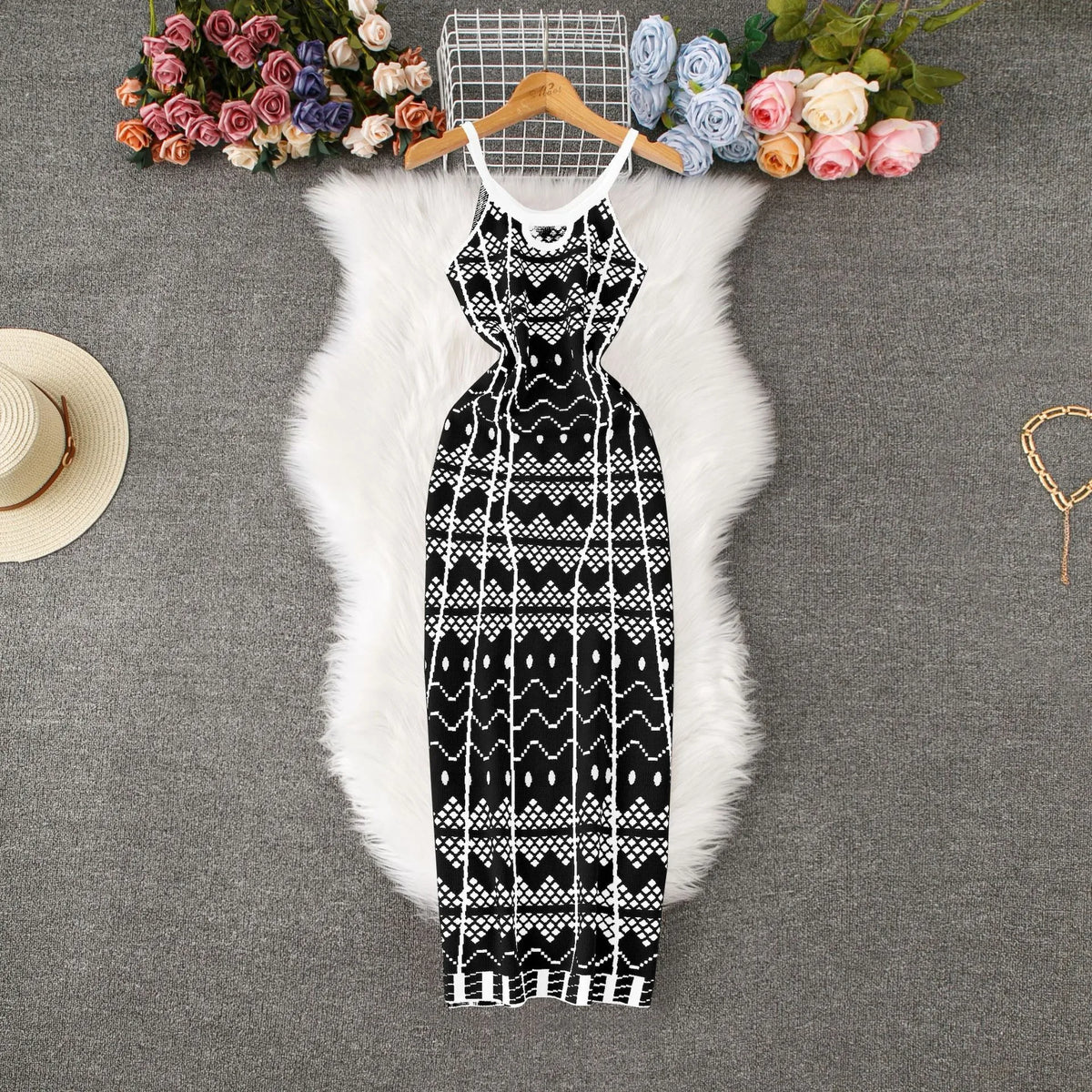 Printed Spaghetti Strap Knit Maxi Dress