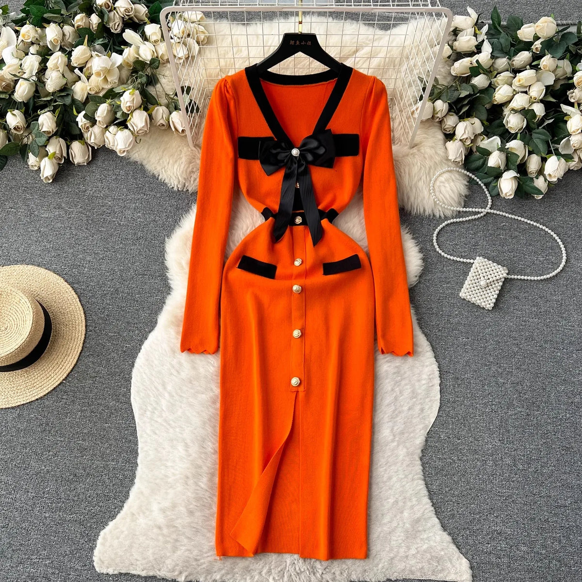 V-Neck Bow Front Slit Bodycon Dress