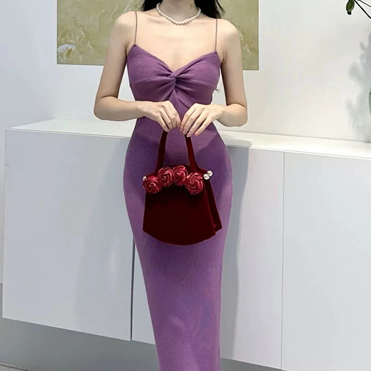 V-Neck Knit Spaghetti Strap Midi Dress