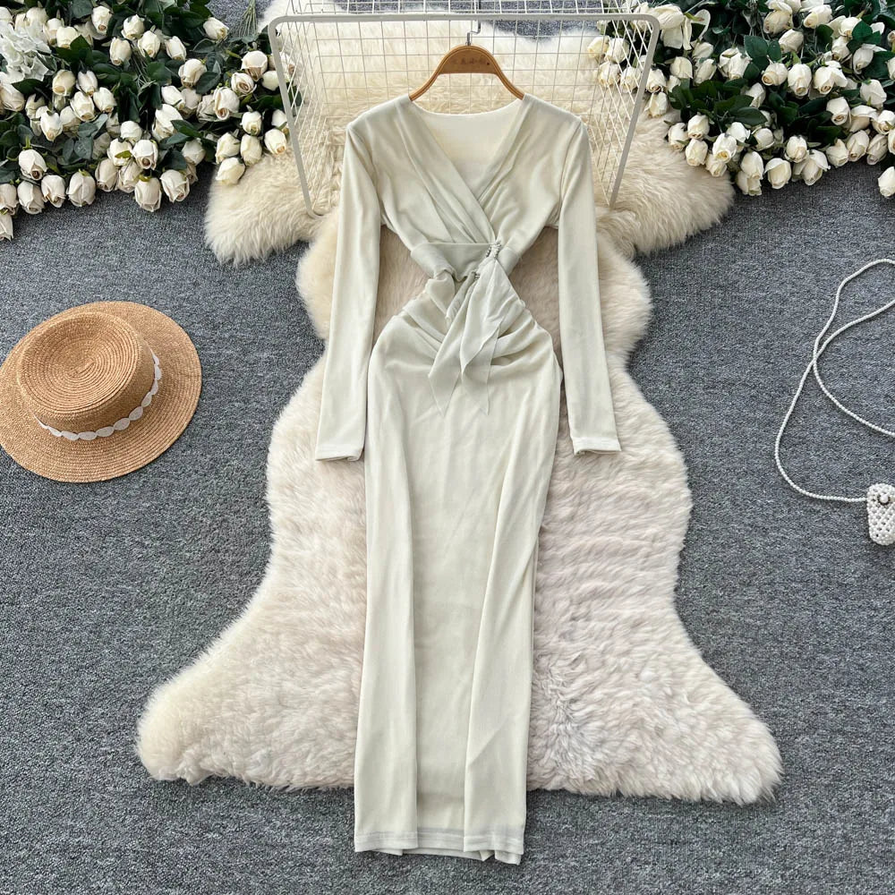 V-Neck Long Sleeve Office Dress