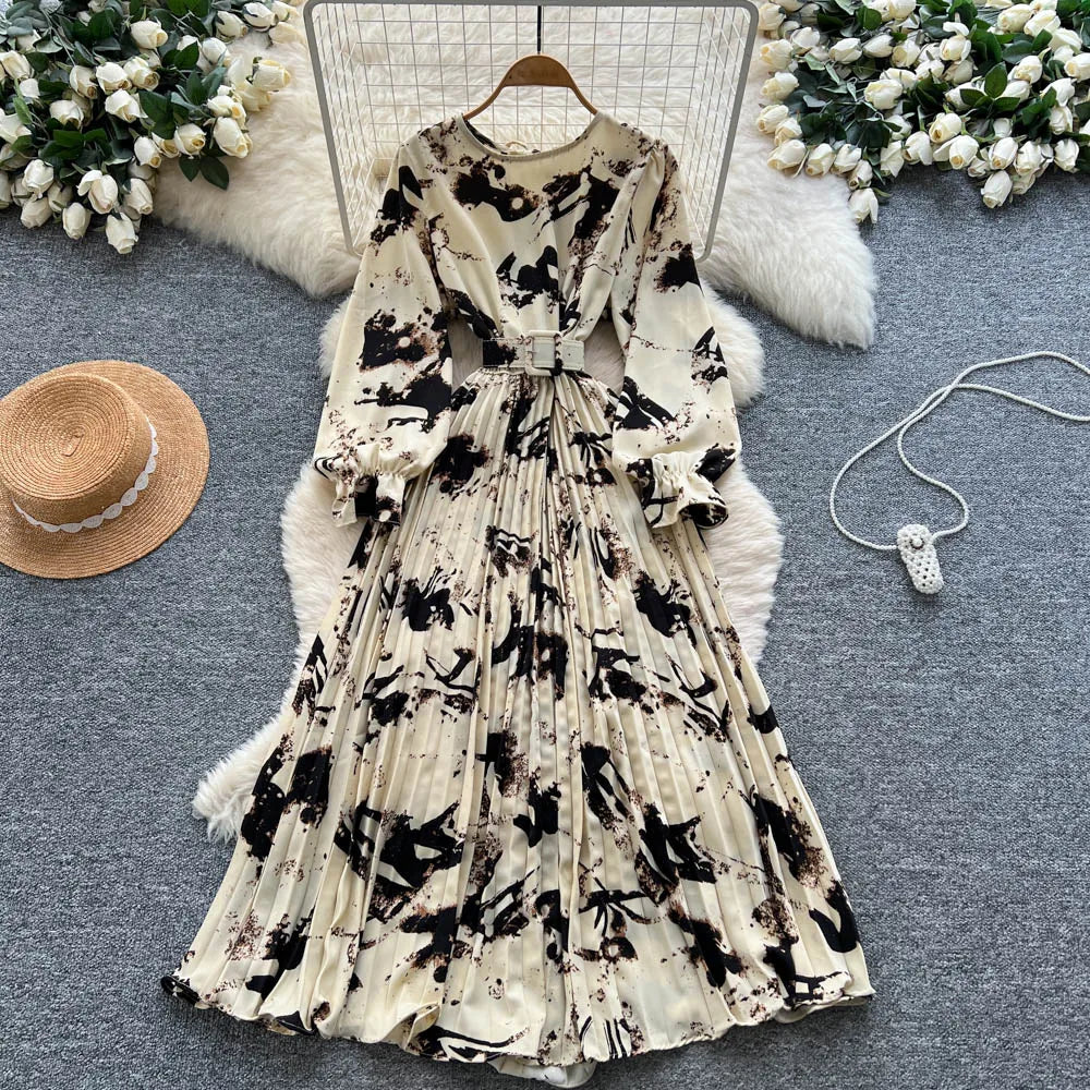 Belted Crew Neck Long Sleeve Dress