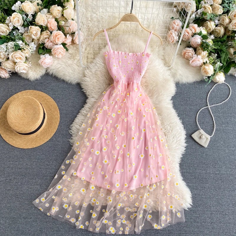 Floral Mesh Strappy Maxi Sundress