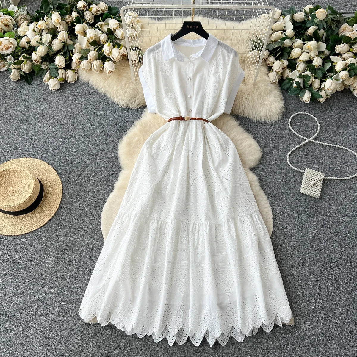 Collared Tie Waist Maxi Shirt Dress