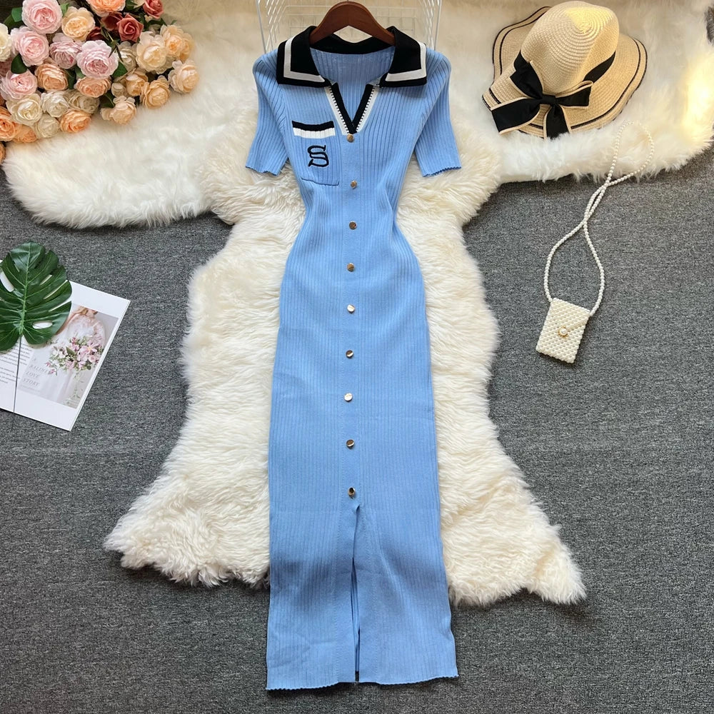Embroidered Button Slit Knit Maxi Dress