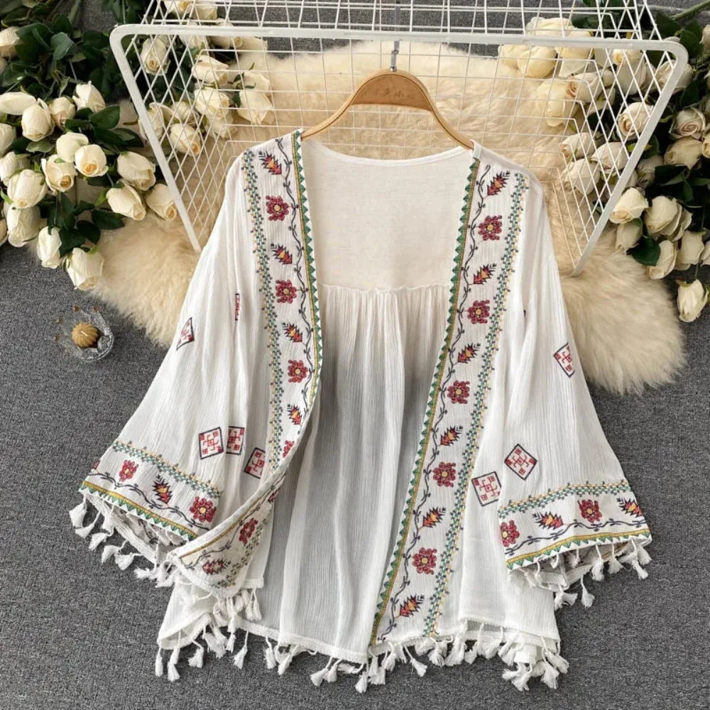 Embroidered Tassel Sheer Beach Cover-Up Dress