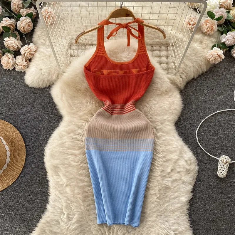 Gradient Halter Backless Knit Bodycon Dress