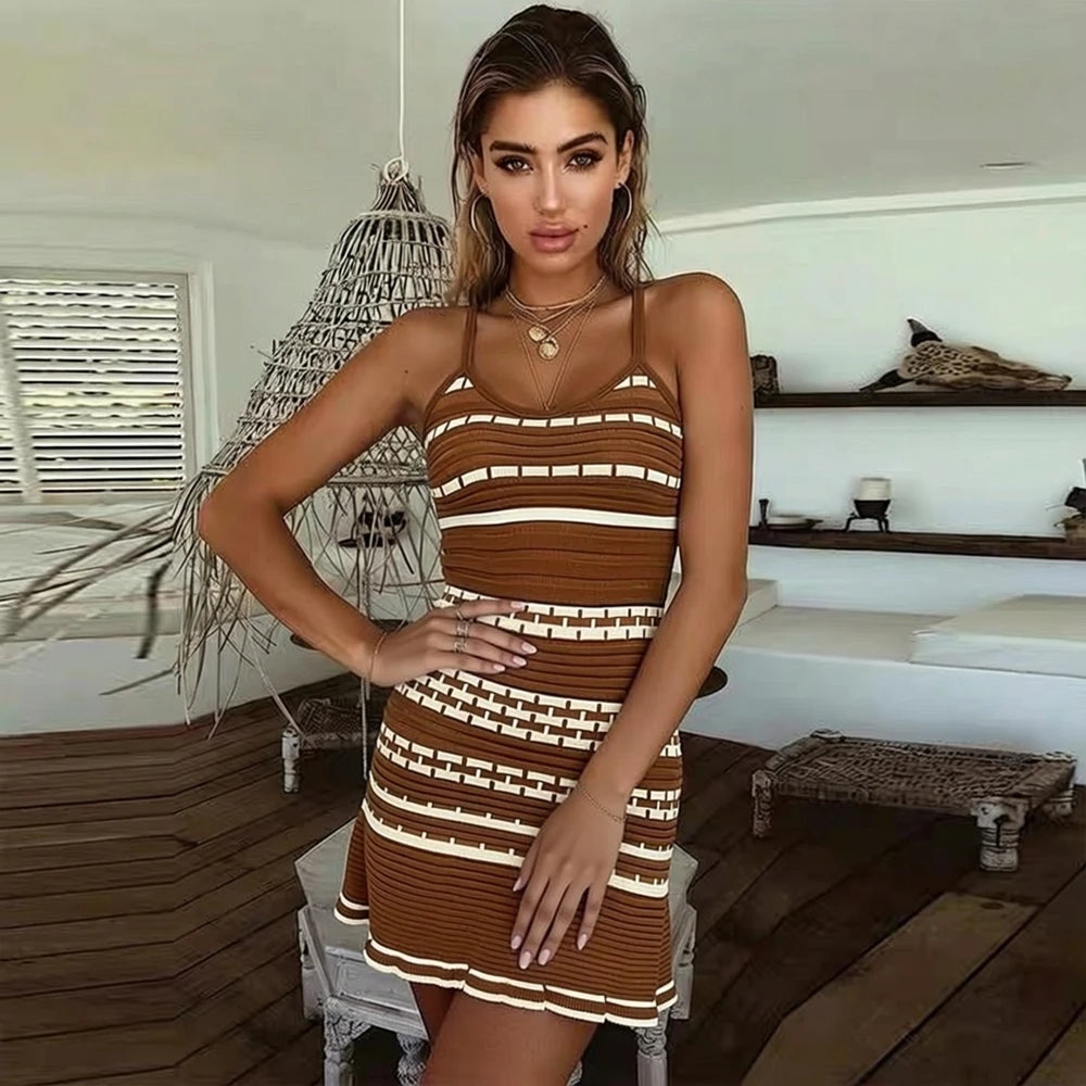 Striped Ruffled Knit Spaghetti Strap Mini Dress