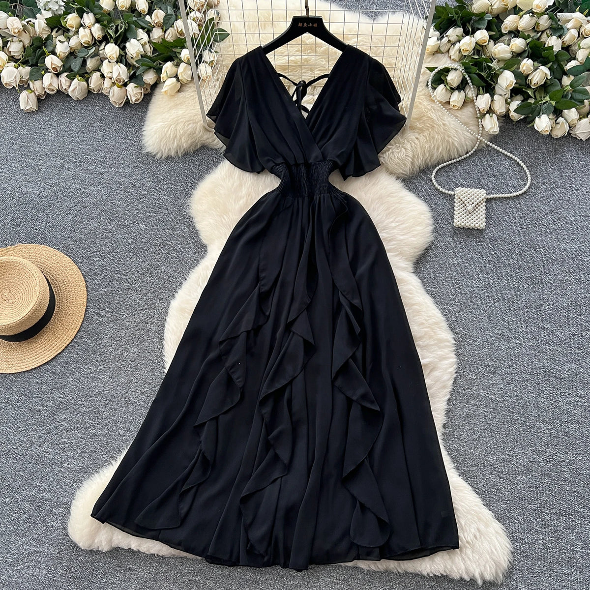 Criss-Cross Chiffon Short Sleeve Gown