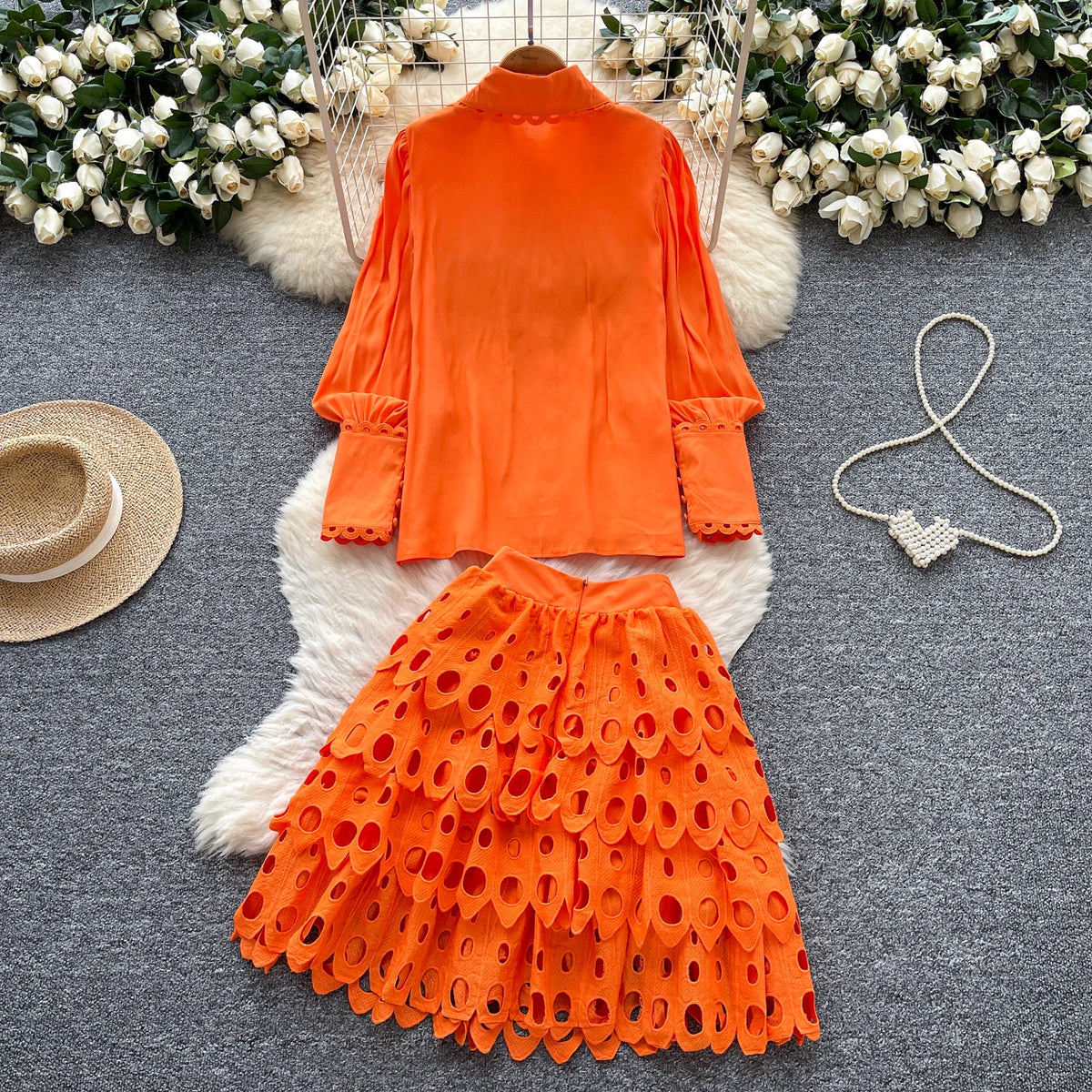Crochet Floral Button Long Sleeve Dress