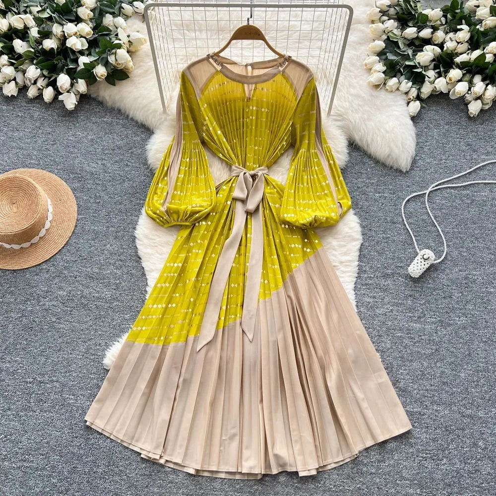 Spliced Print Slim Long Dress