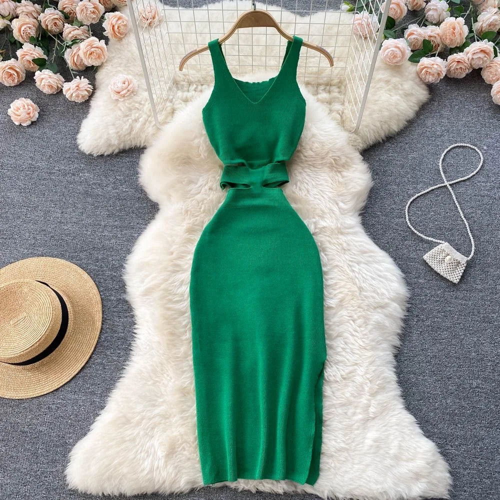 Cut Out Waist Split Knit Bodycon Dress