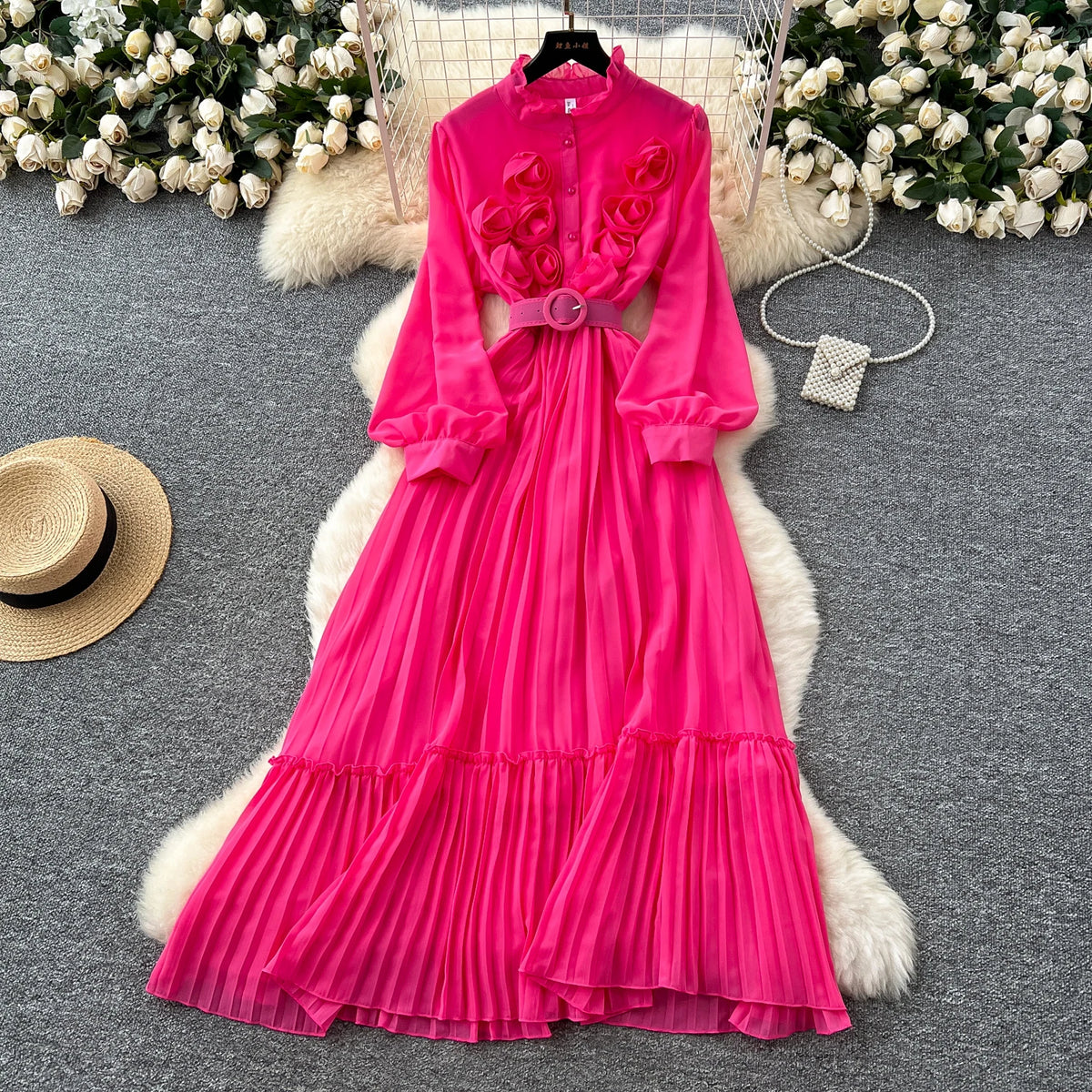 3D Floral Chiffon Ruched Dress