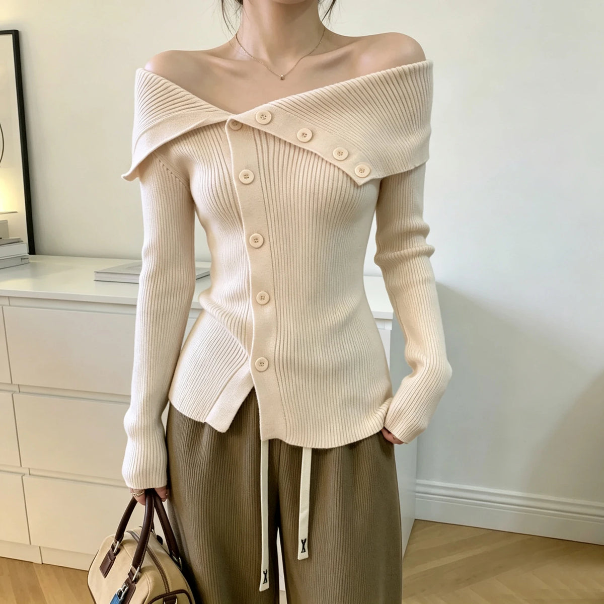 Off-Shoulder Button Knit Sweater