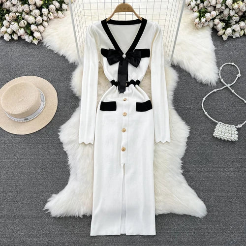 Butterfly Knit V-Neck Bodycon Sweater Dress