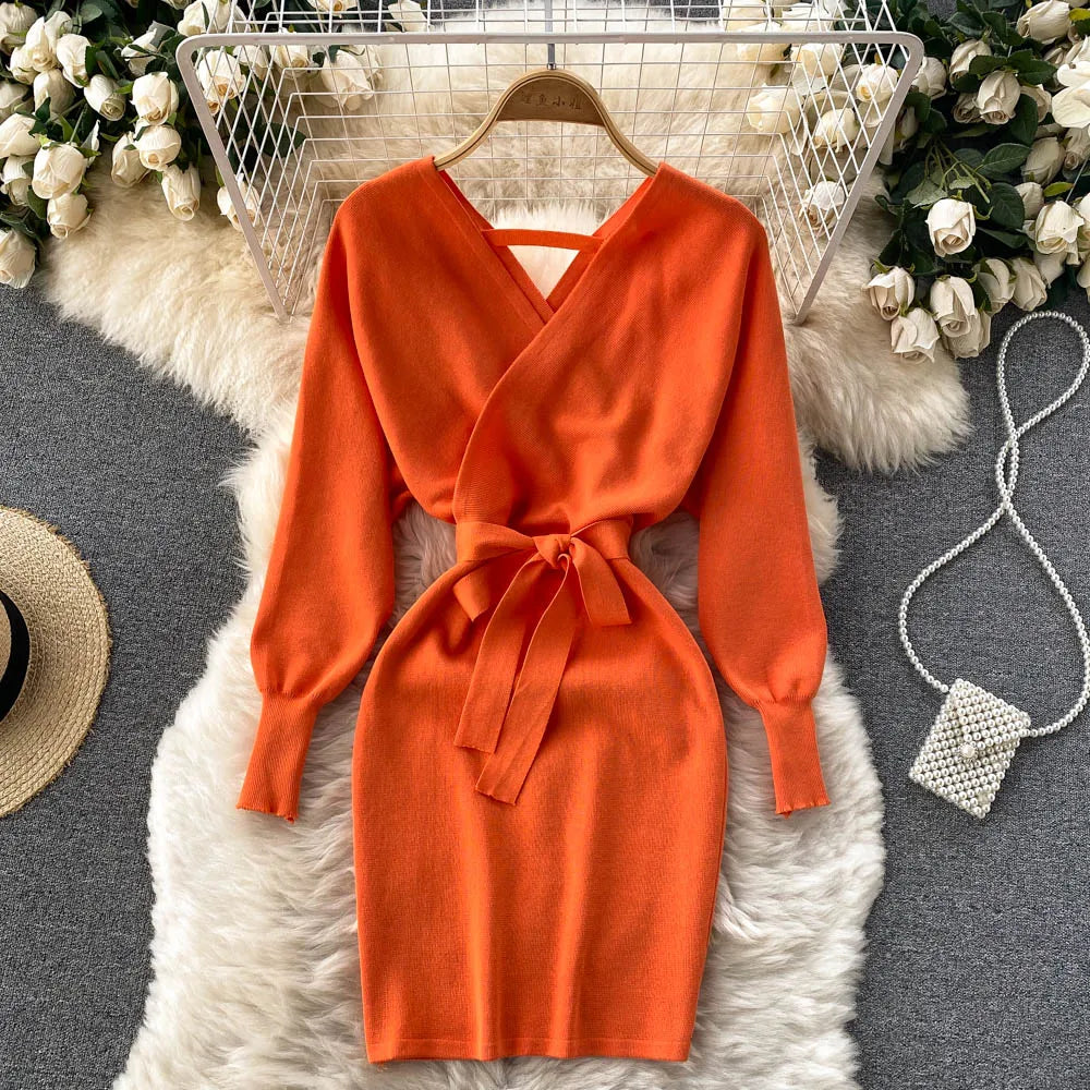 Sash Tie Knit Bodycon Mini Dress