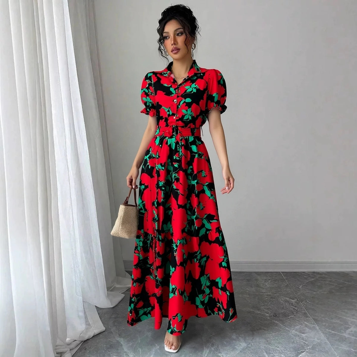 Vintage Floral Collared Maxi Shirt Dress