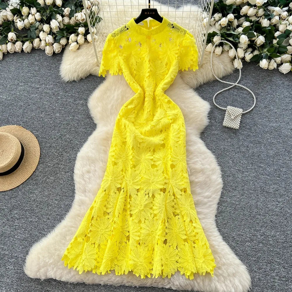 Lace Cutout Slim Long Dress