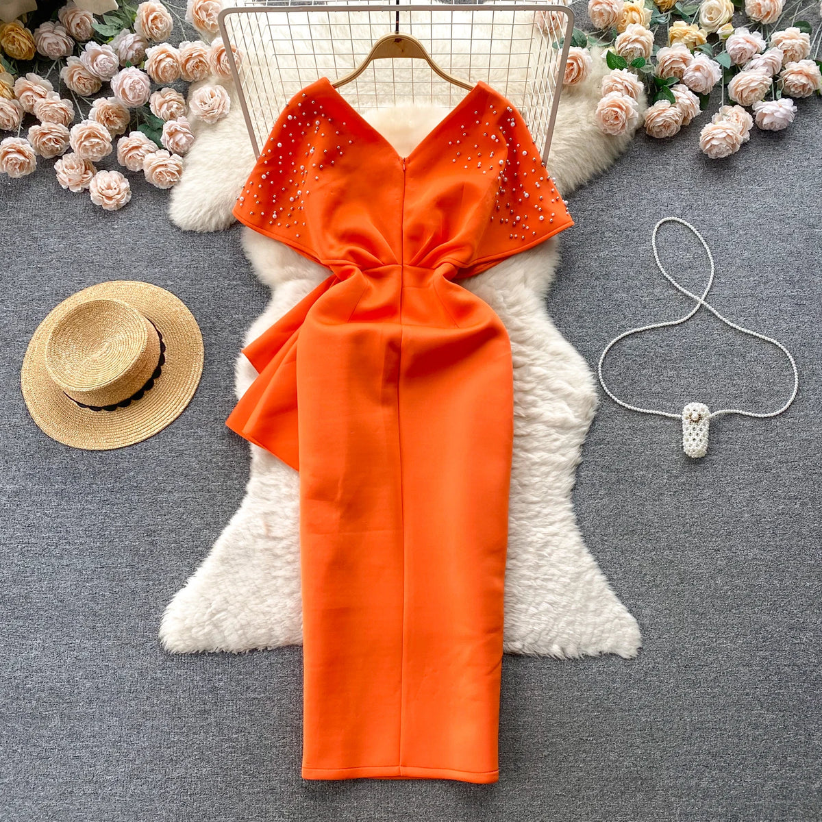 Rhinestone Ruffle V-Neck A-Line Dress