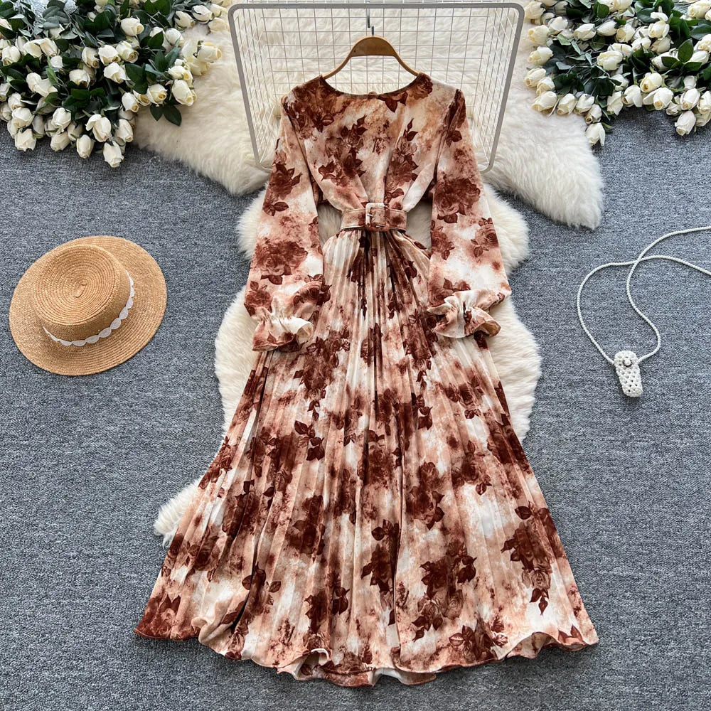 Belted Crew Neck Long Sleeve Dress