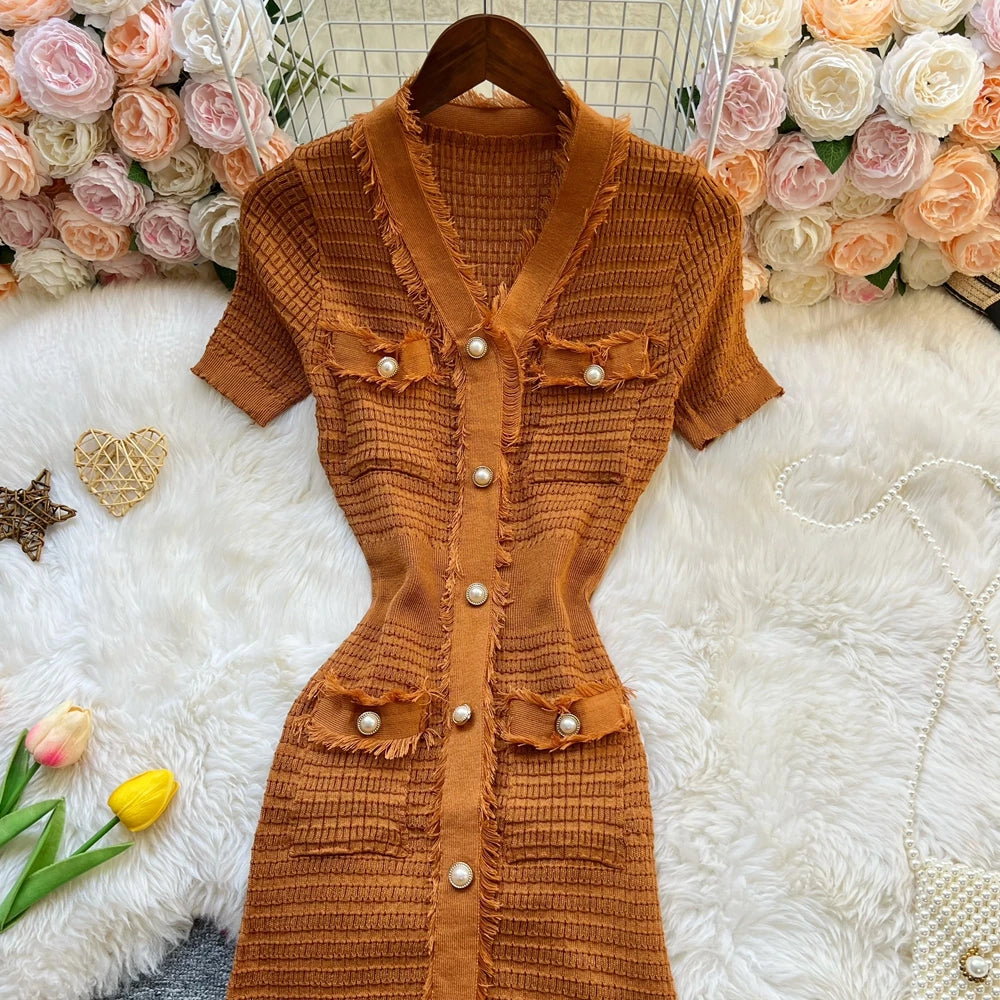 Pearl Button Knit Bodycon Dress