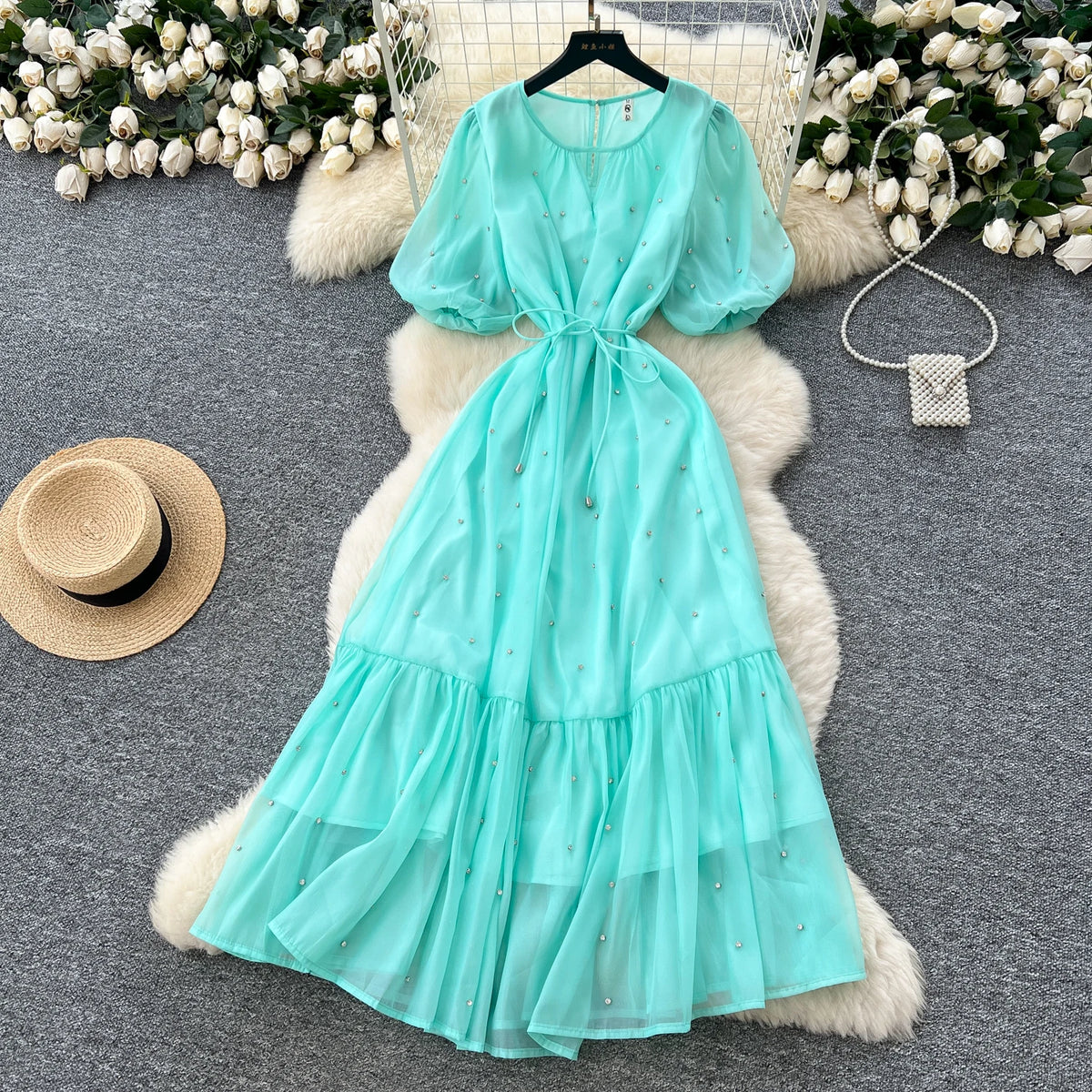 Rhinestone Mesh Lantern Sleeve Long Dress