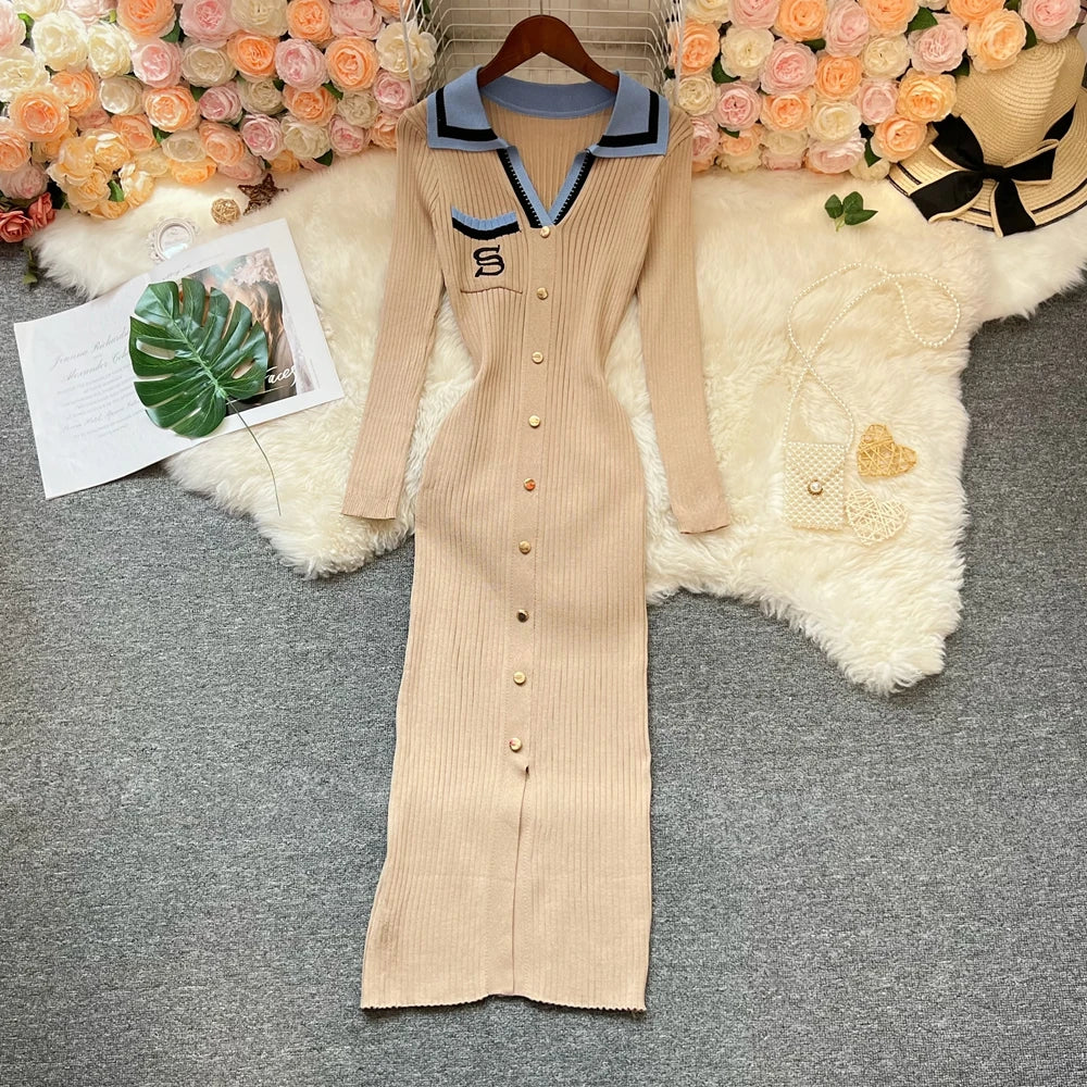 Embroidered Long Sleeve Knit Bodycon Maxi Dress