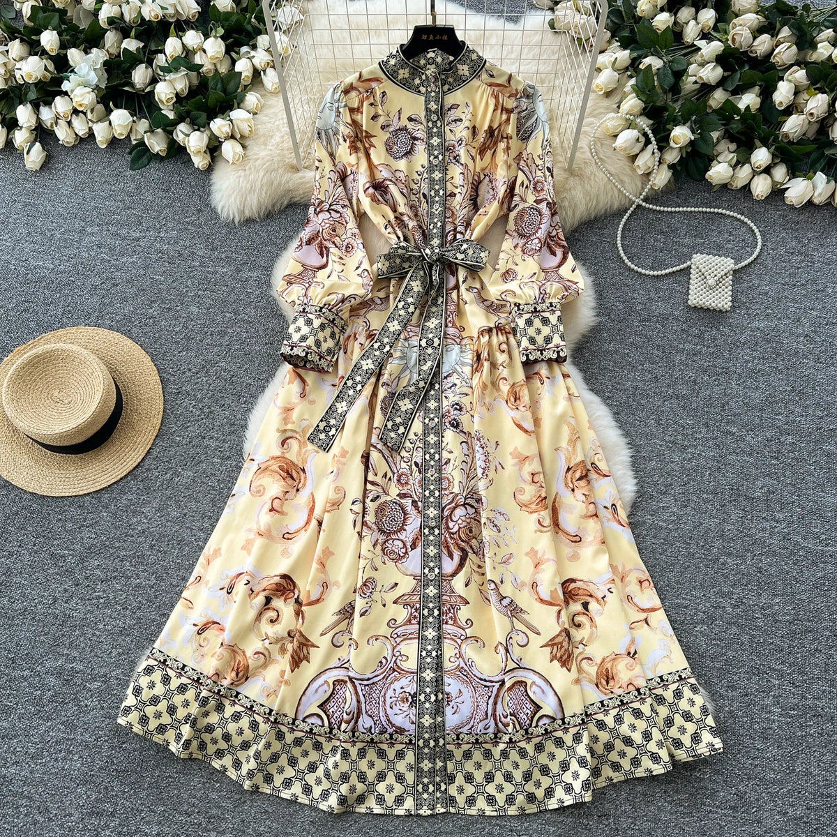 Stand Collar Print Button Front Maxi Dress