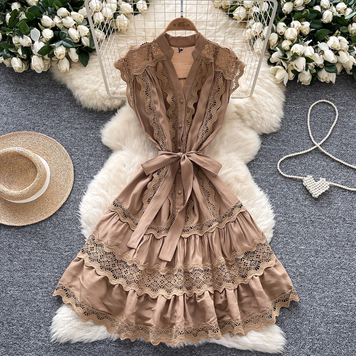 Lace-Up Cutout Sleeveless Beach Dress
