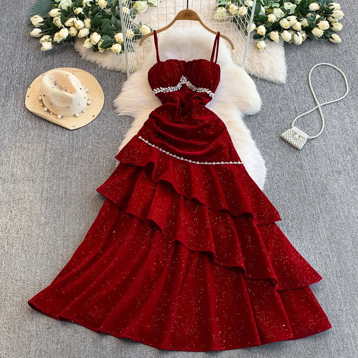 Rhinestone Glitter Off-Shoulder Party Dress