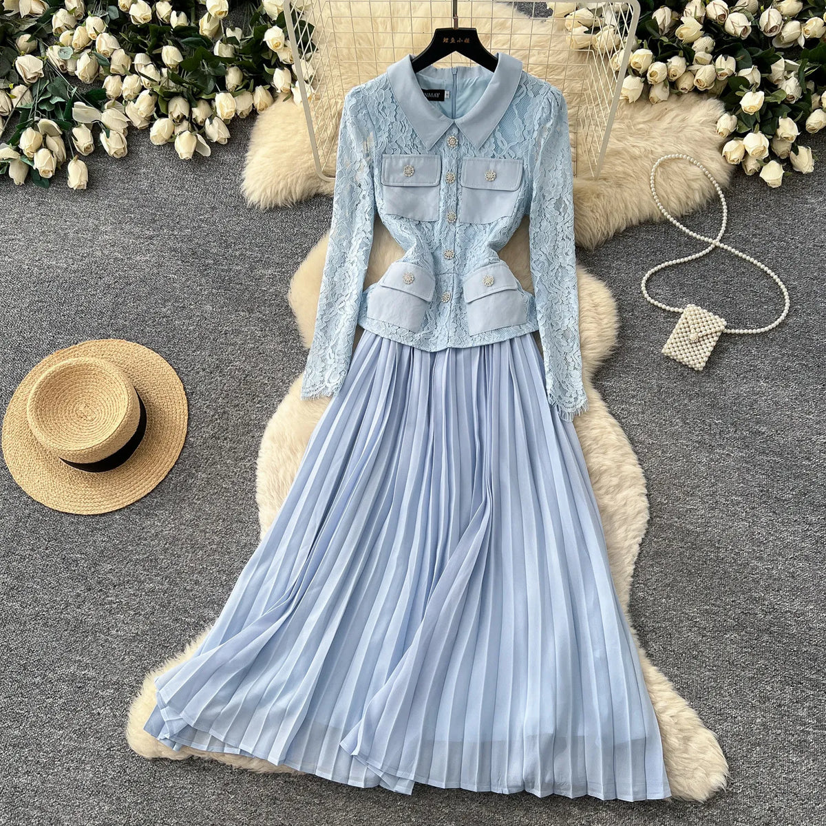 Lace Panel Collared Lantern Sleeve Maxi Dress