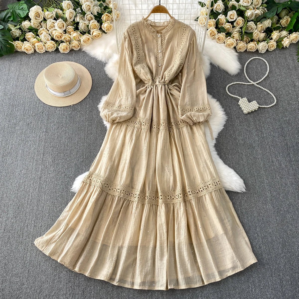 Lace Drawstring Ruched Boho Long Dress