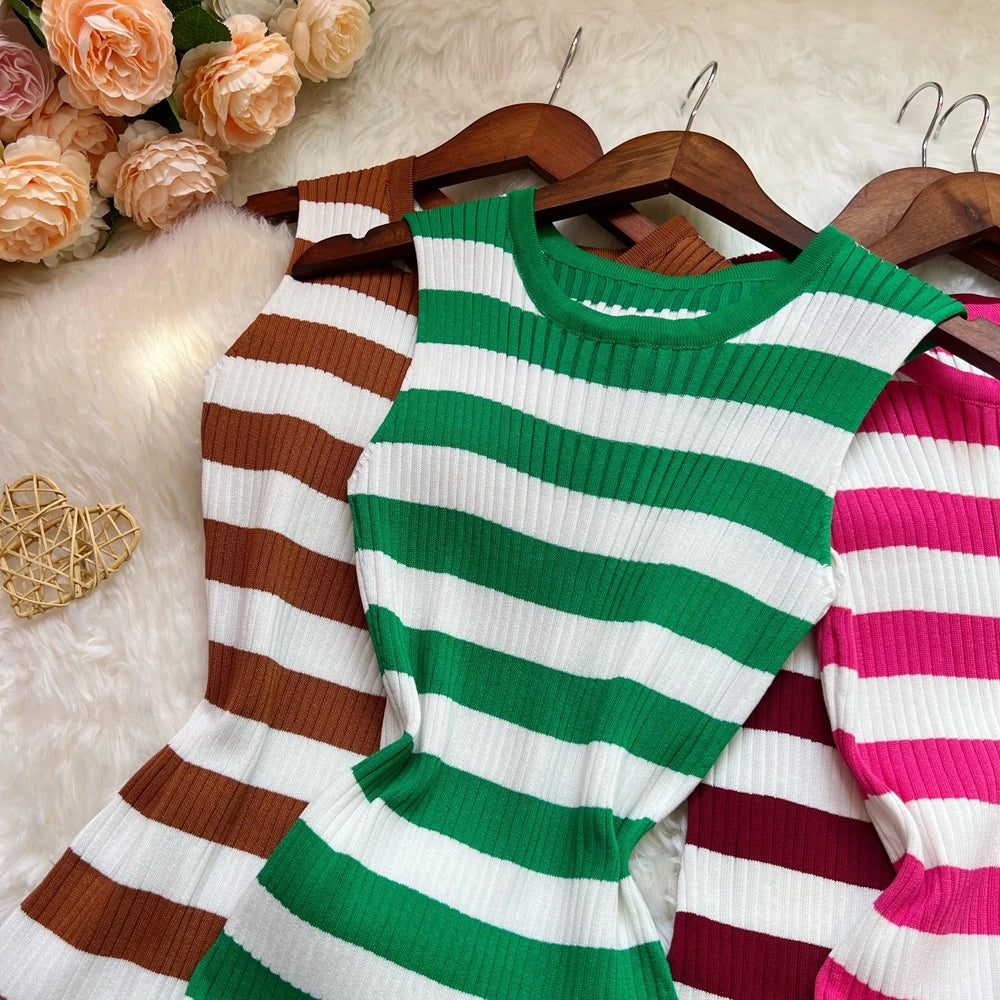 Striped Ruffled Knit Mini Party Dress
