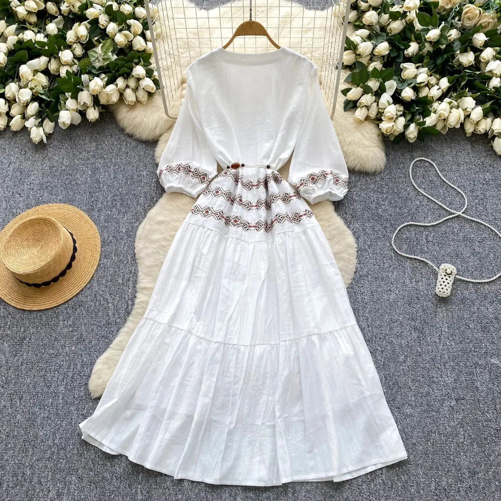 Print Button Front V-Neck Beach Dress