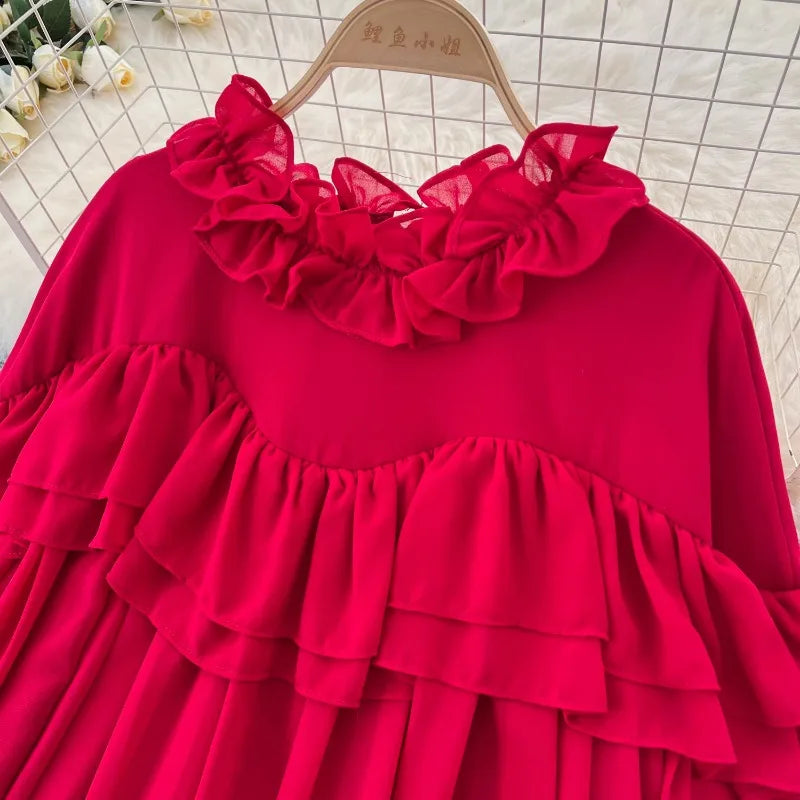 Pleated Chiffon Long Sleeve A-Line Dress