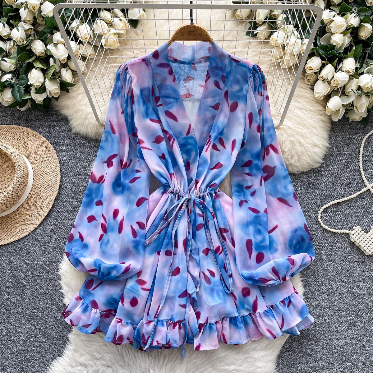 Boho Print Ruched V-Neck Mini Dress