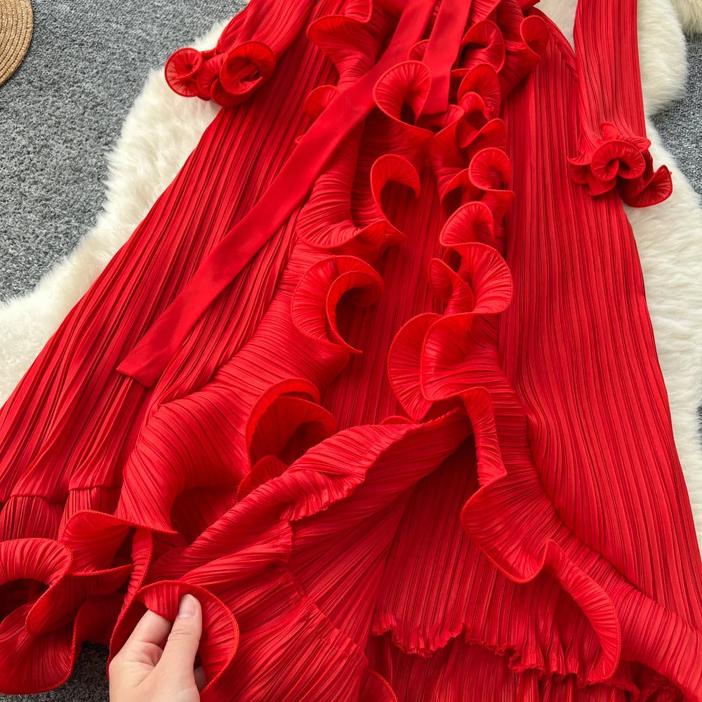Ruffle Trim Slit Long Sleeve Dress