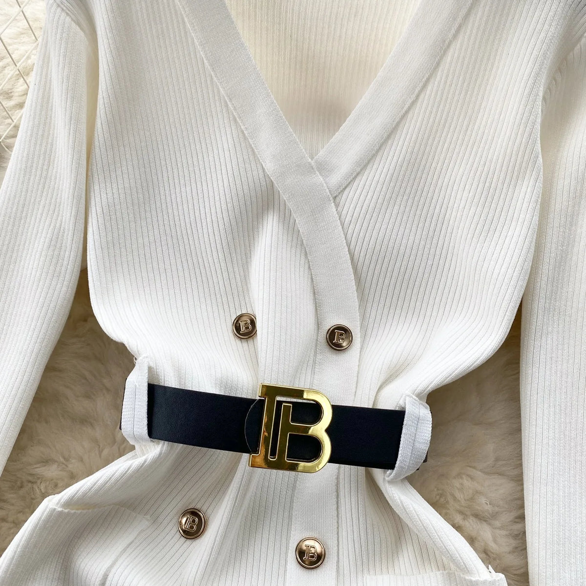Belted Double-Breasted Knit Sweater Dress
