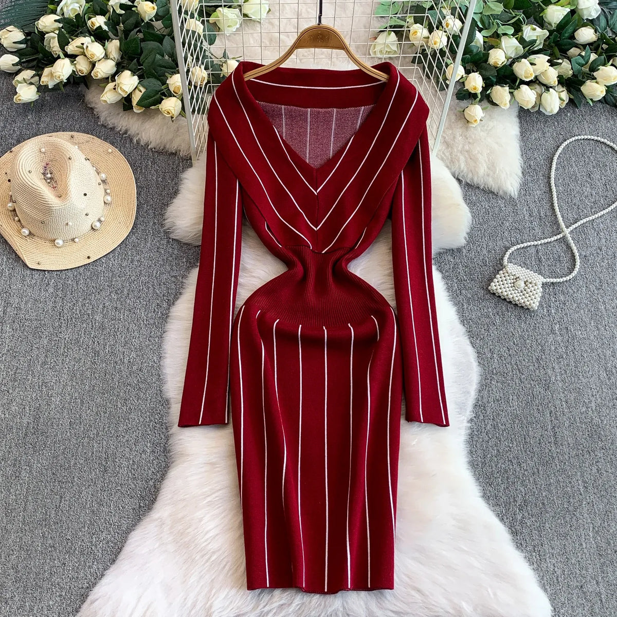 V-Neck Knit Bodycon Sweater Dress