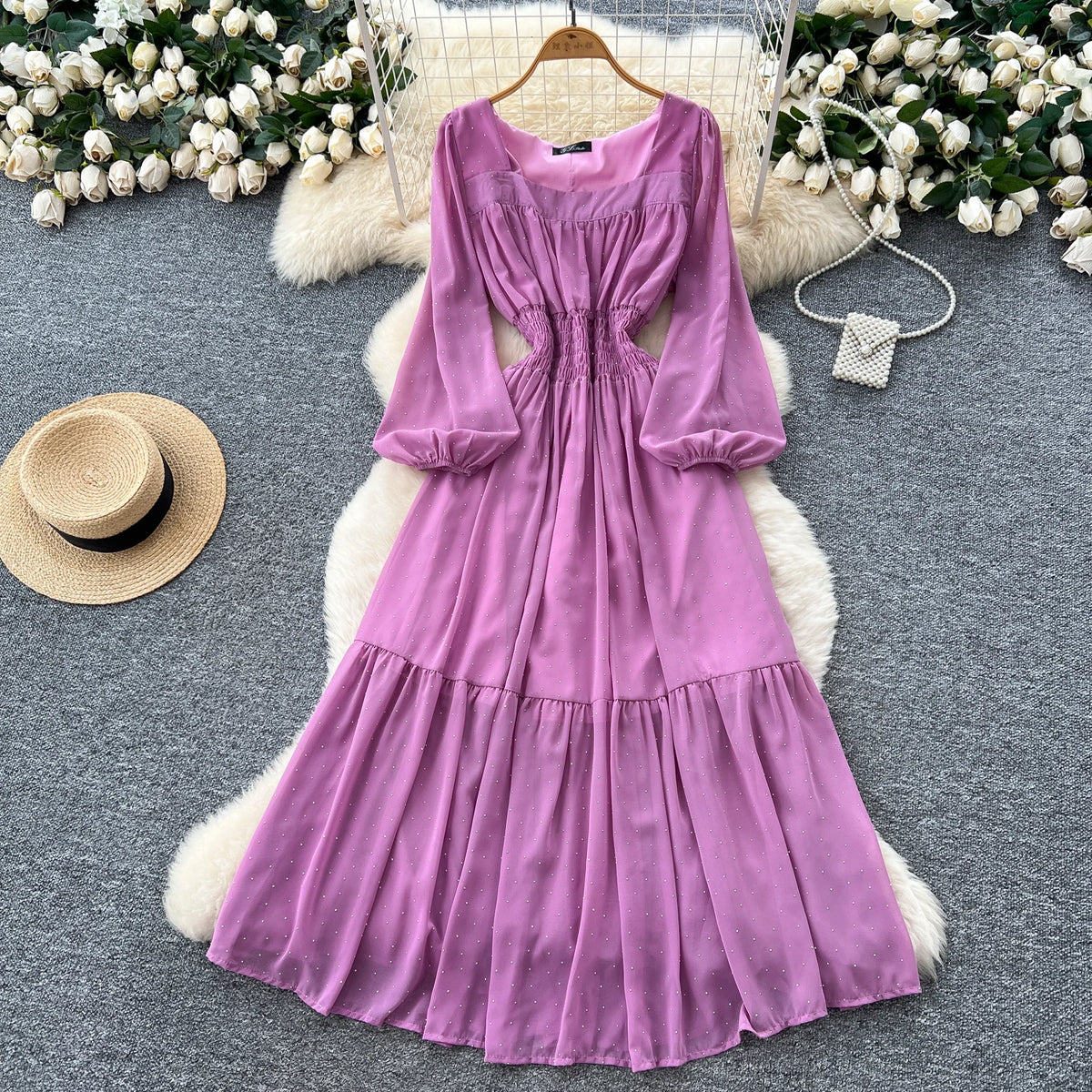 Rhinestone Square Neck A-Line Dress